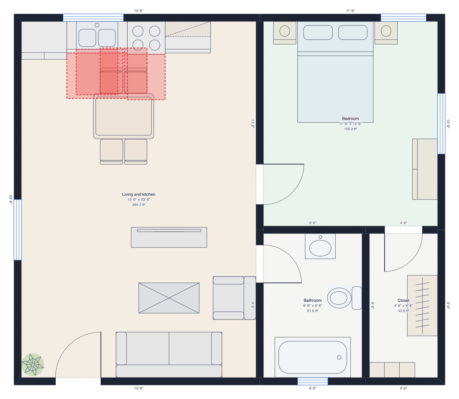 A one-bedroom apartment plan with the layout check's red areas between the kitchen counters and the dining table