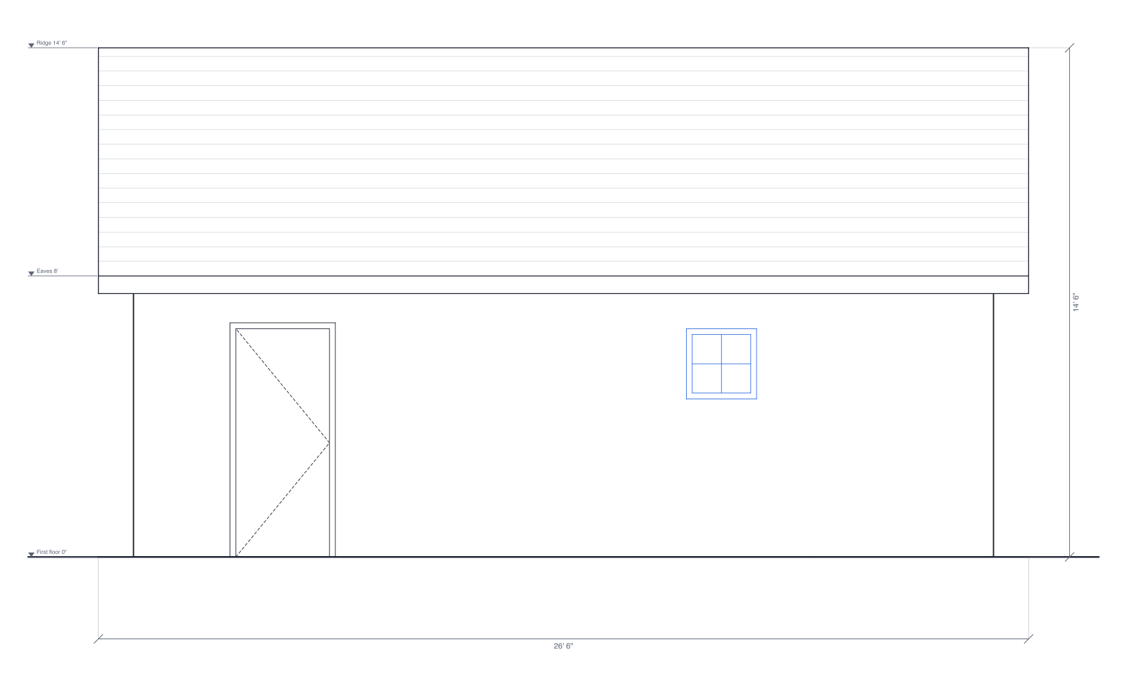 Front exterior elevation of the backyard cottage ADU with a gable roof added: doors and windows at their heights, level marks for the floor, eaves and ridge, and the overall width and height