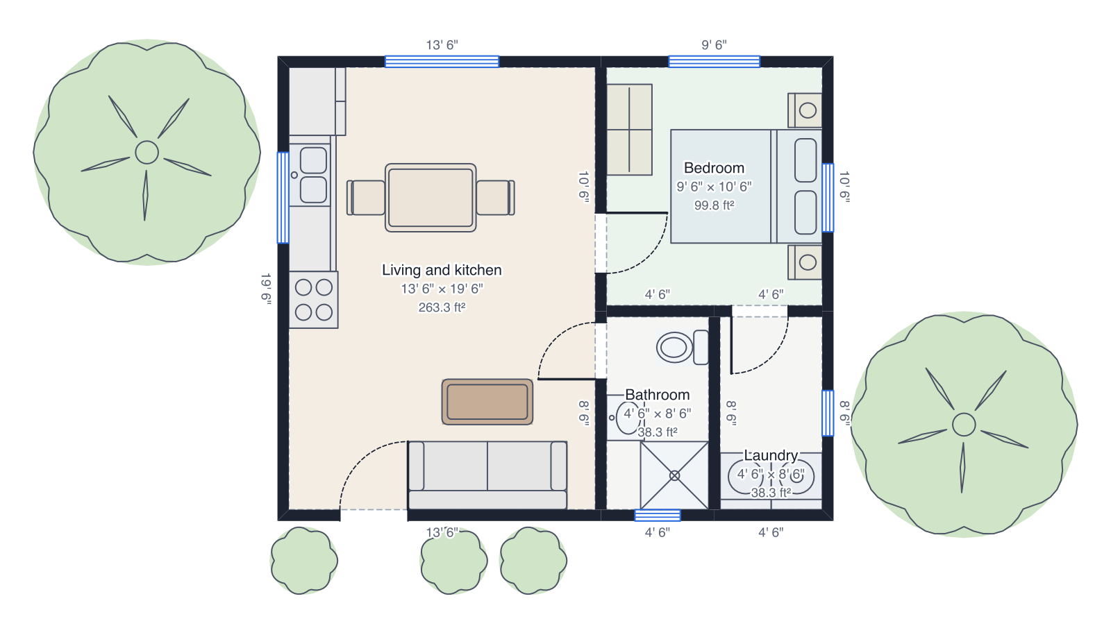 Floor plan of a 24' × 20' backyard cottage ADU drawn to scale: one bedroom, bathroom, laundry, kitchen and living room, with wall lengths and room sizes