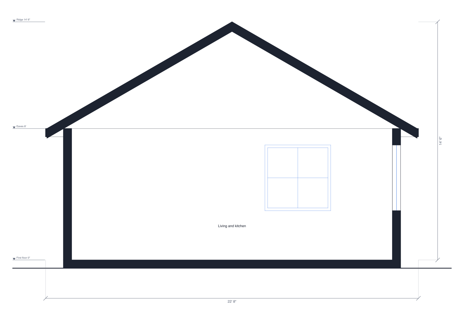 Building section through the backyard cottage ADU: cut walls and floor slab shown solid, the gable roof with its overhangs, room names and level marks