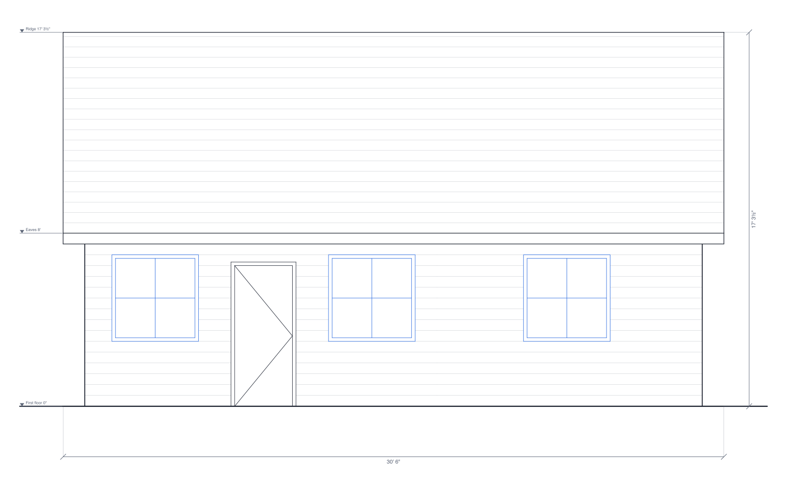 Front exterior elevation of a 28' × 24' log cabin with its gable roof, front door and three windows, level marks and the overall width and height