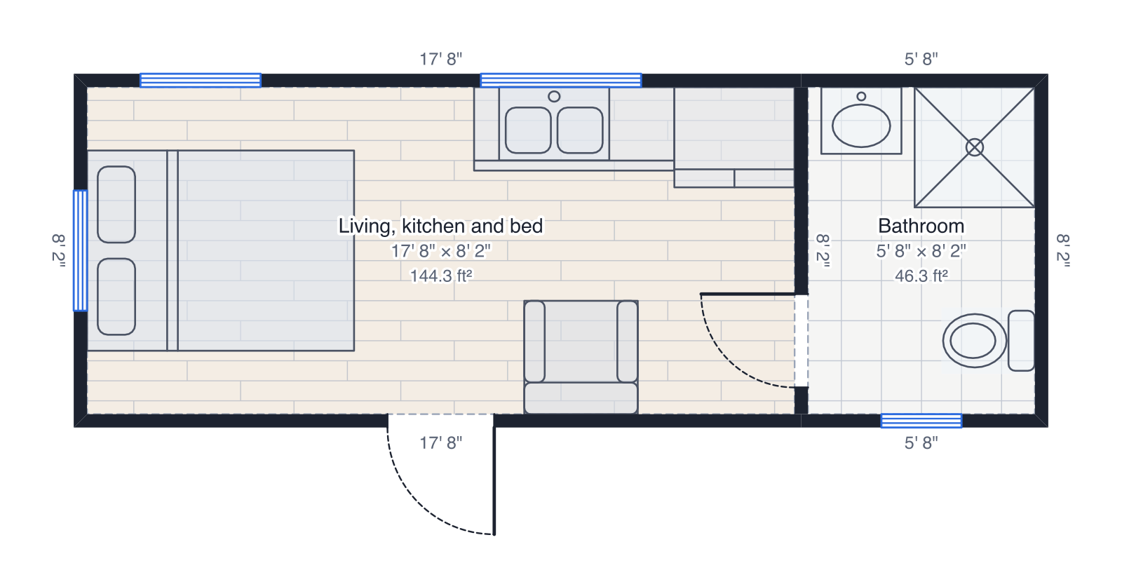 Floor plan of a 24' × 8' 6" tiny house drawn to scale: living, kitchen and bed in one room and a bathroom, with wall lengths