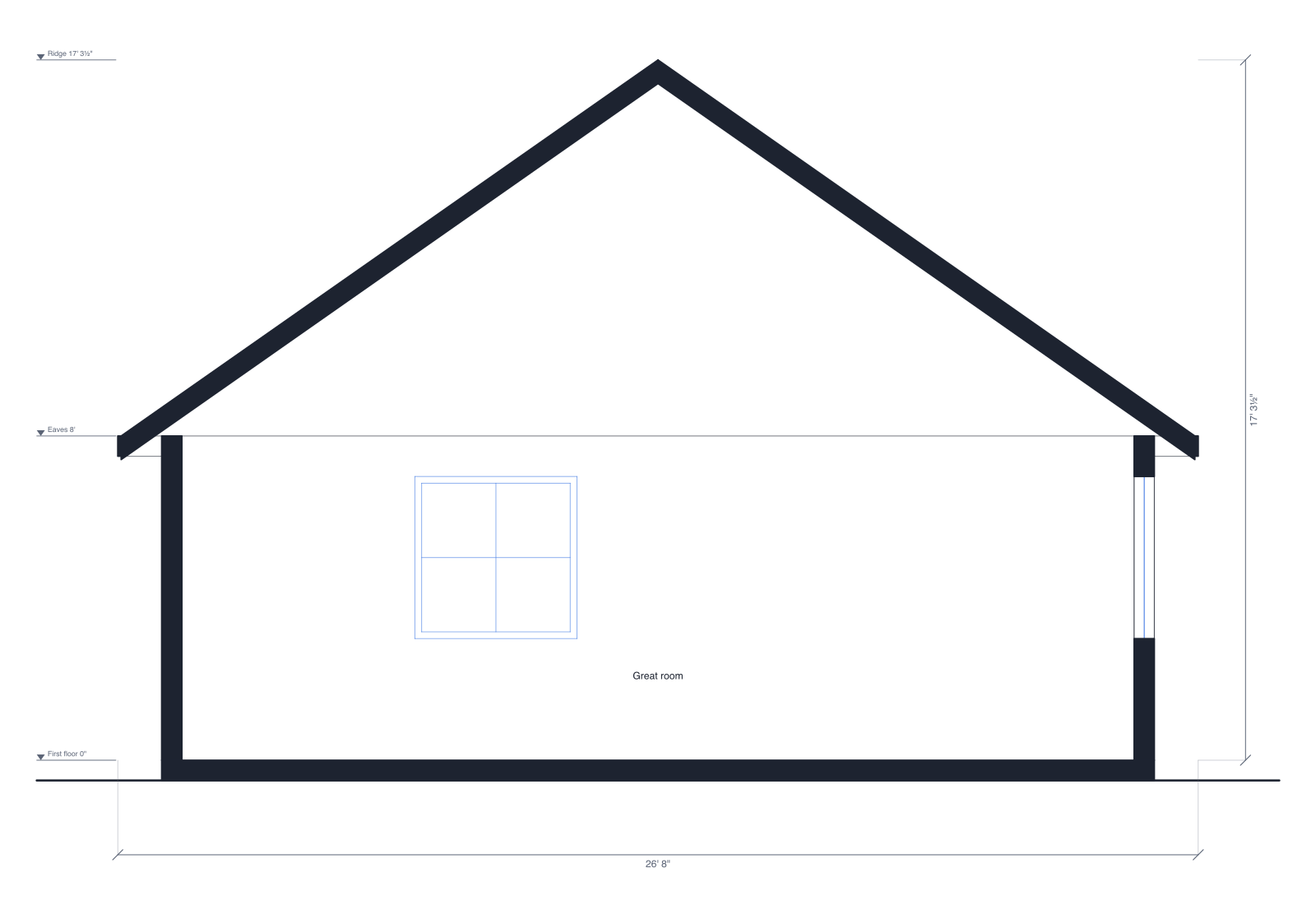 Building section through the log cabin: cut walls and floor slab shown solid, the gable roof with overhangs, room names and level marks