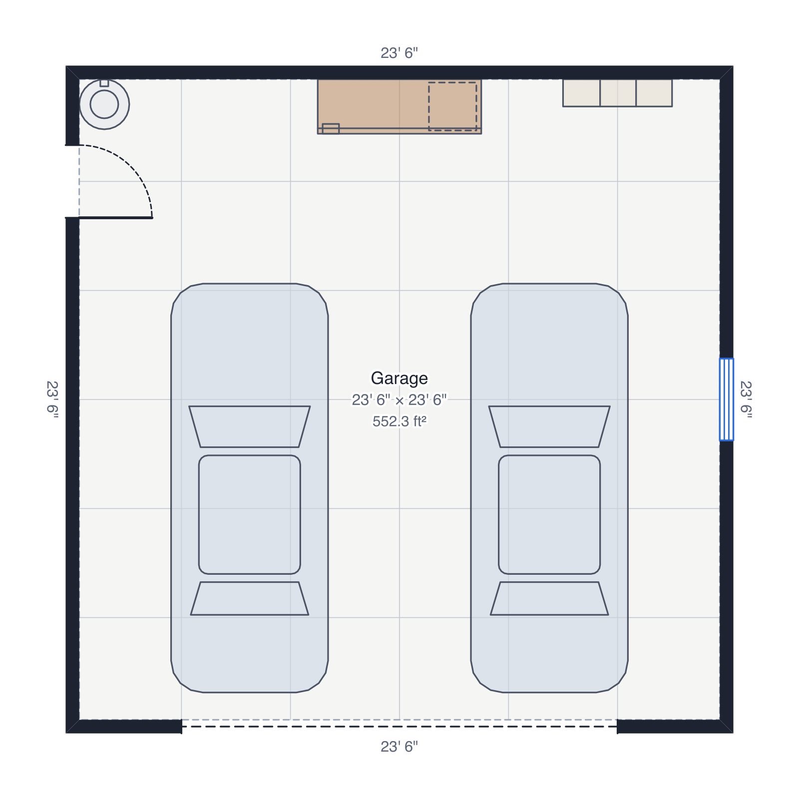 Floor plan of a 24' × 24' two-car garage drawn to scale with the garage door, side door, window, workbench and wall lengths
