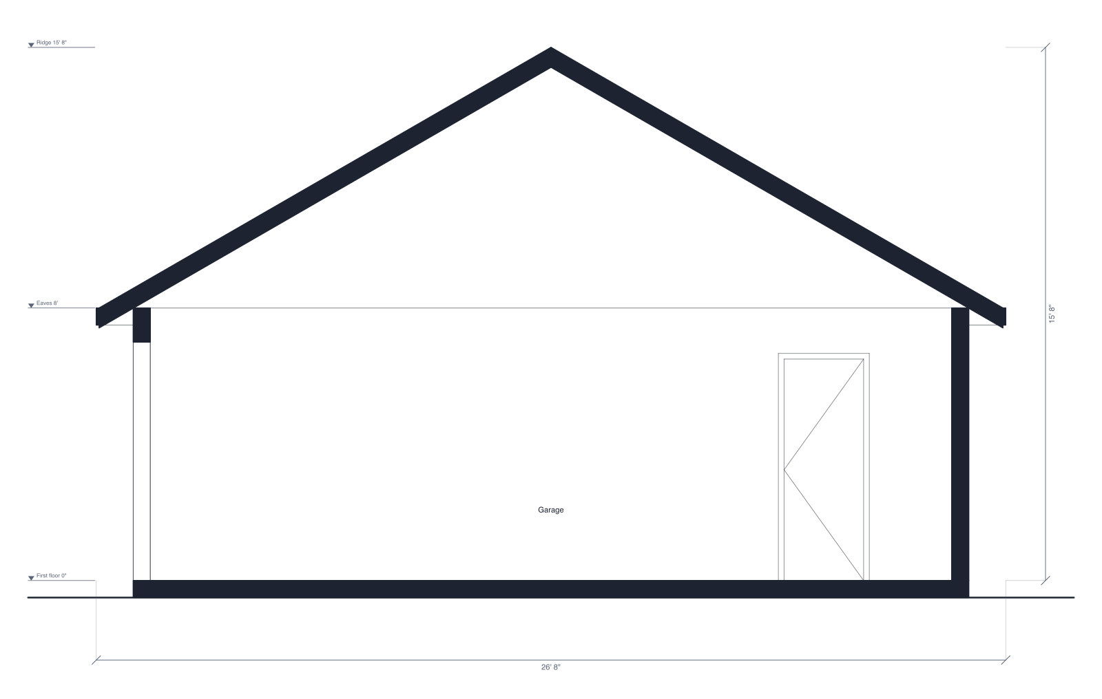 Building section through the two-car garage: concrete slab and walls cut solid, the gable roof with overhangs, and the floor, eaves and ridge levels