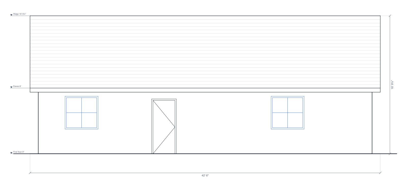 Front exterior elevation of the two-bedroom house with a gable roof added: two windows and the front door, level marks and the overall width and height