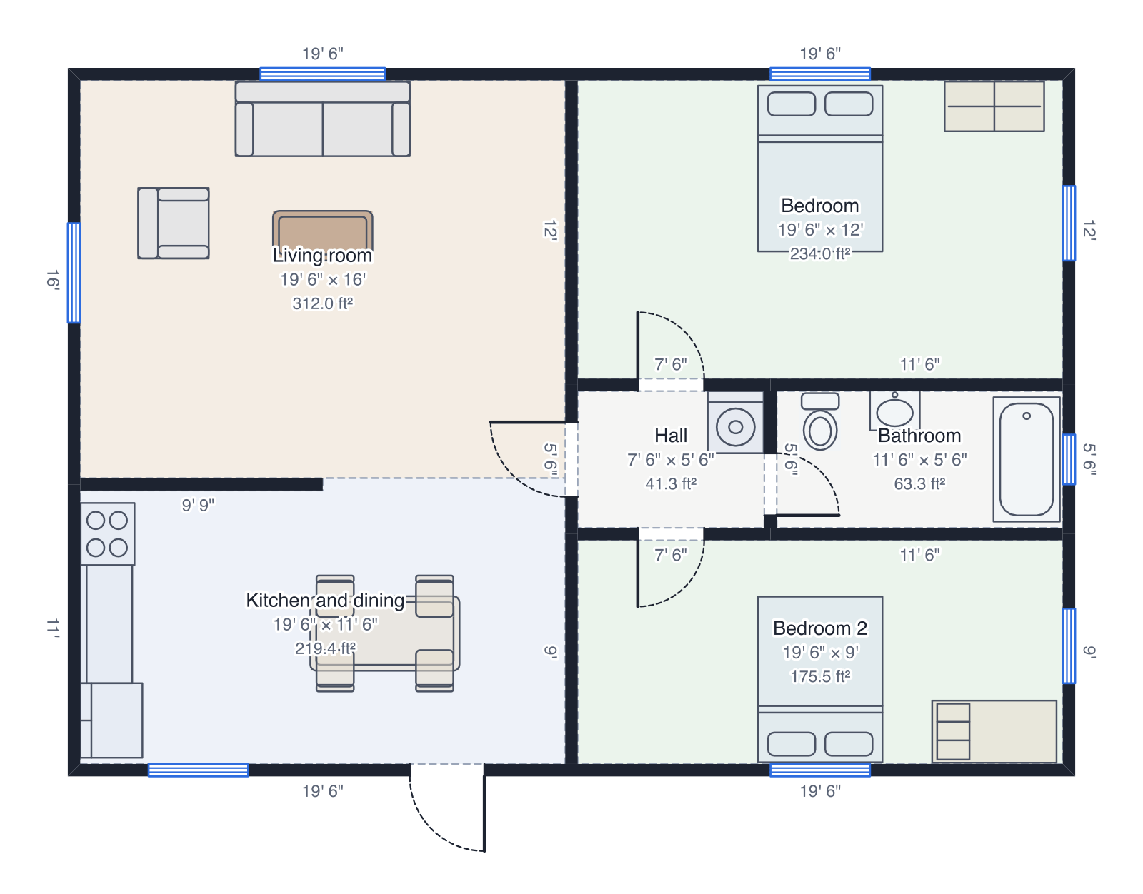 Floor plan of a 40' × 28' two-bedroom house drawn to scale: living room, kitchen and dining, two bedrooms, hall and bathroom with wall lengths