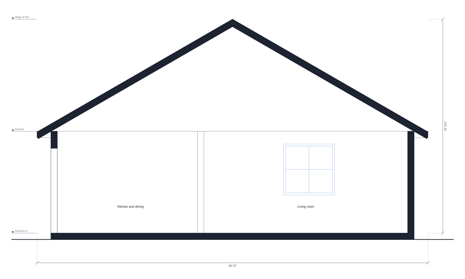 Building section across the two-bedroom house: cut walls with window openings, floor slab, gable roof with overhangs, room names and level marks