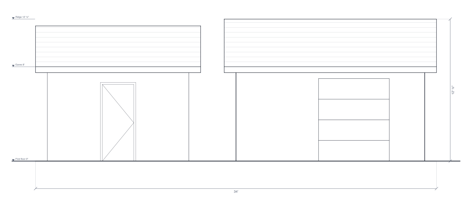 Front exterior elevation of the two sheds with gable roofs: the 36-inch door of the small shed and the 6-foot roll-up door of the large one, with level marks and the overall width and height