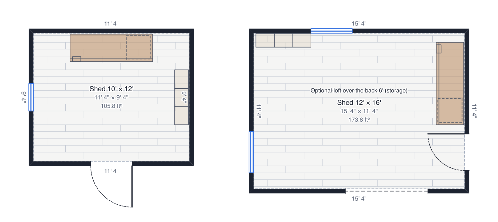 Floor plans of two sheds drawn to scale: a 10' × 12' shed with a door, window and workbench, and a 12' × 16' shed with a roll-up door, side door, two windows and a note for an optional loft