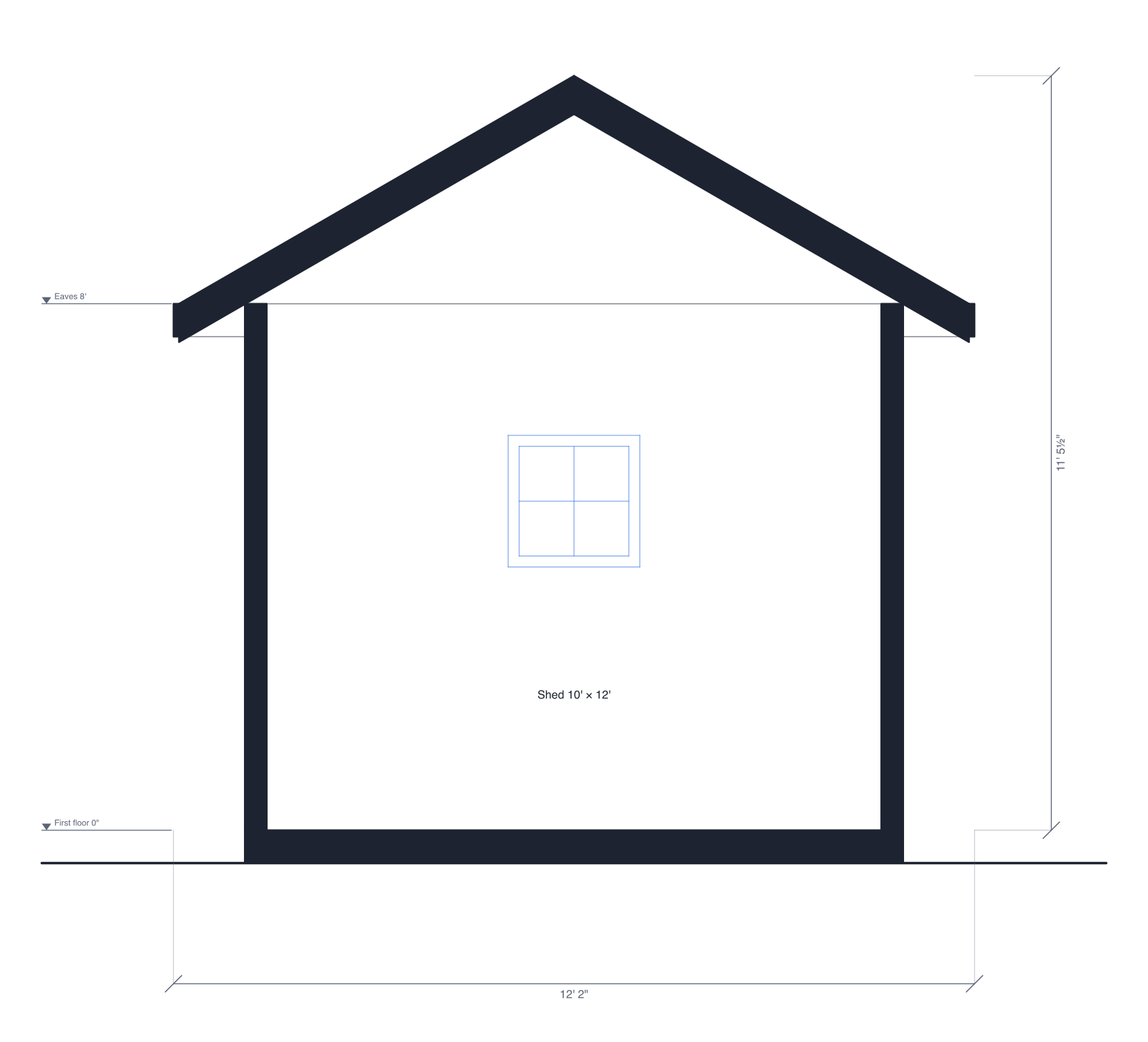 Building section through the 10' × 12' shed: 2×4 walls and floor slab cut solid, a window in the wall beyond, the gable roof with 12-inch overhangs, and the eaves and ridge heights