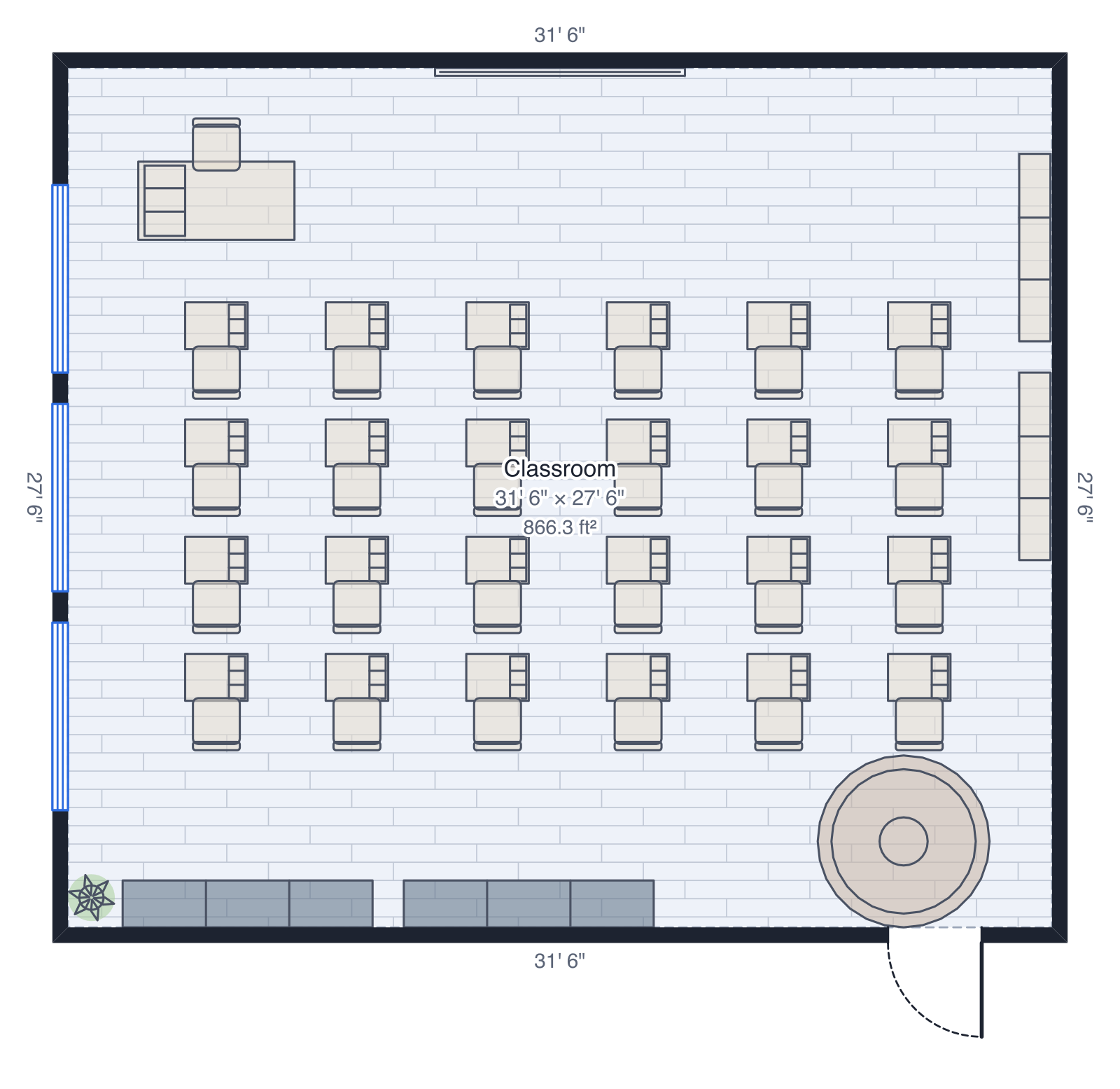 Classroom floor plan drawn to scale, 866.3 ft², with 4 doors and windows