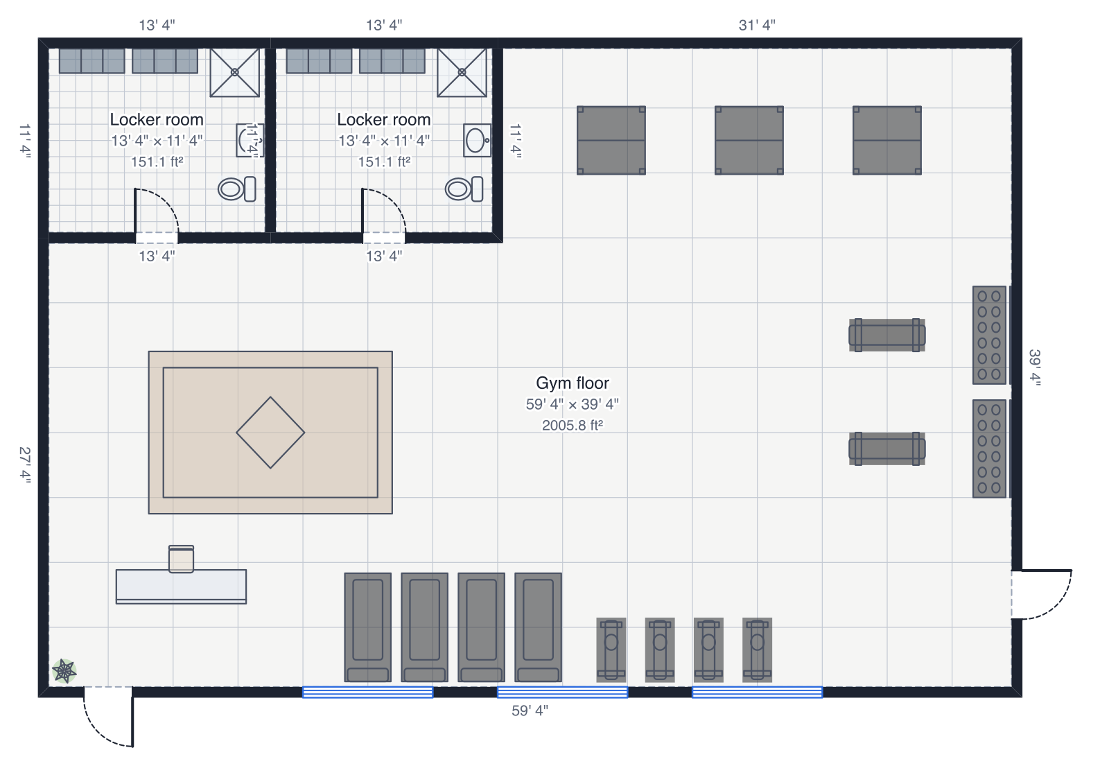 Gym floor plan drawn to scale, 2308.0 ft², with 7 doors and windows