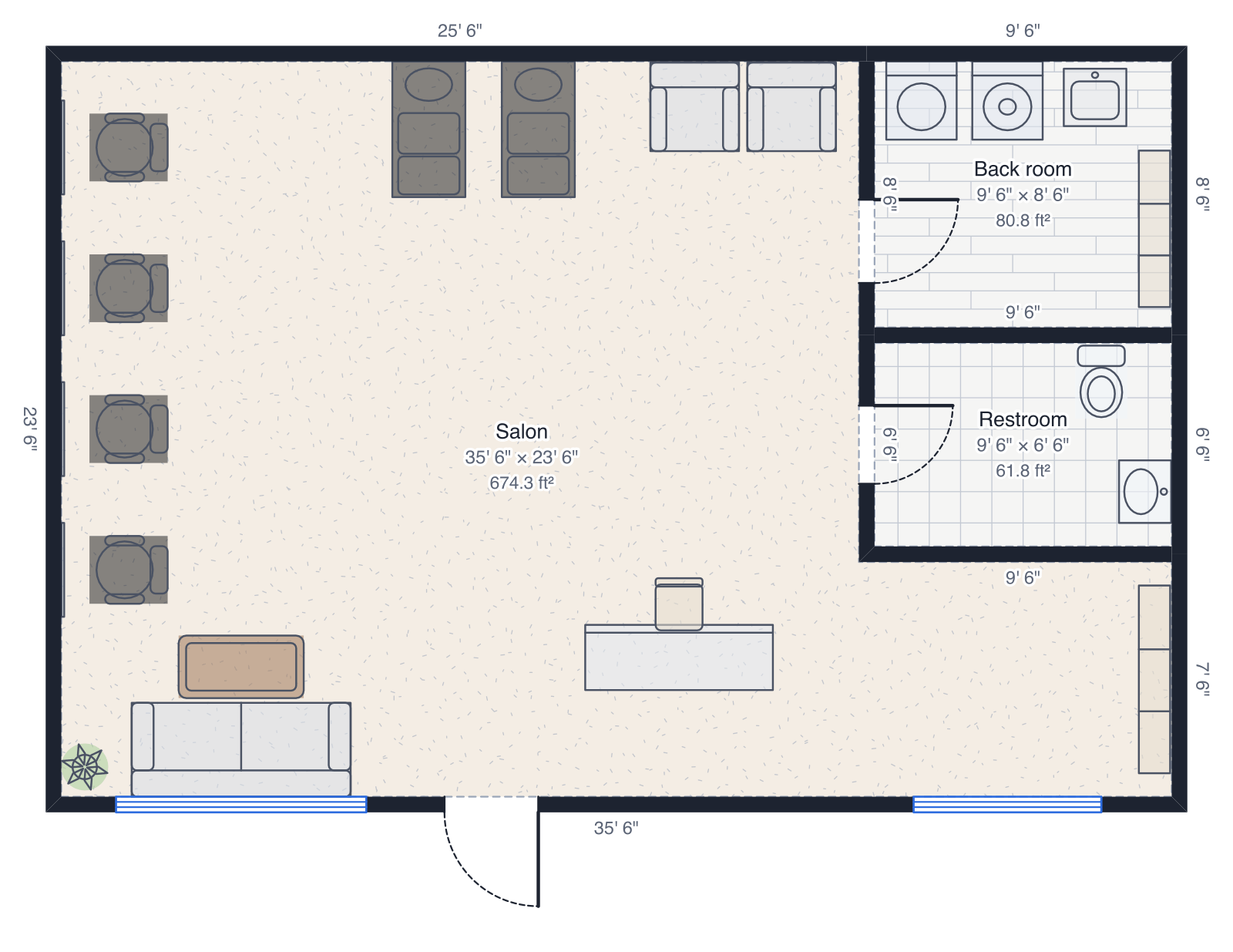 Hair salon floor plan drawn to scale, 816.8 ft², with 5 doors and windows