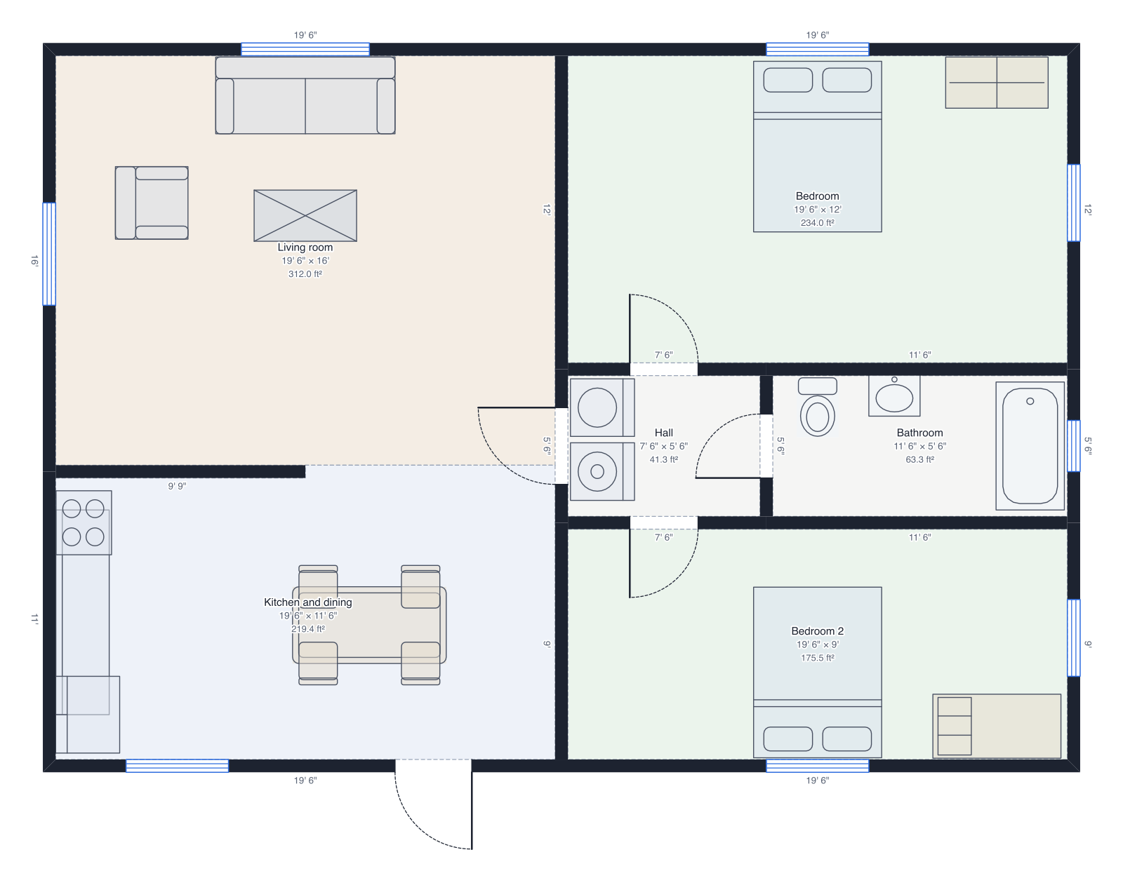 Two-bedroom house floor plan