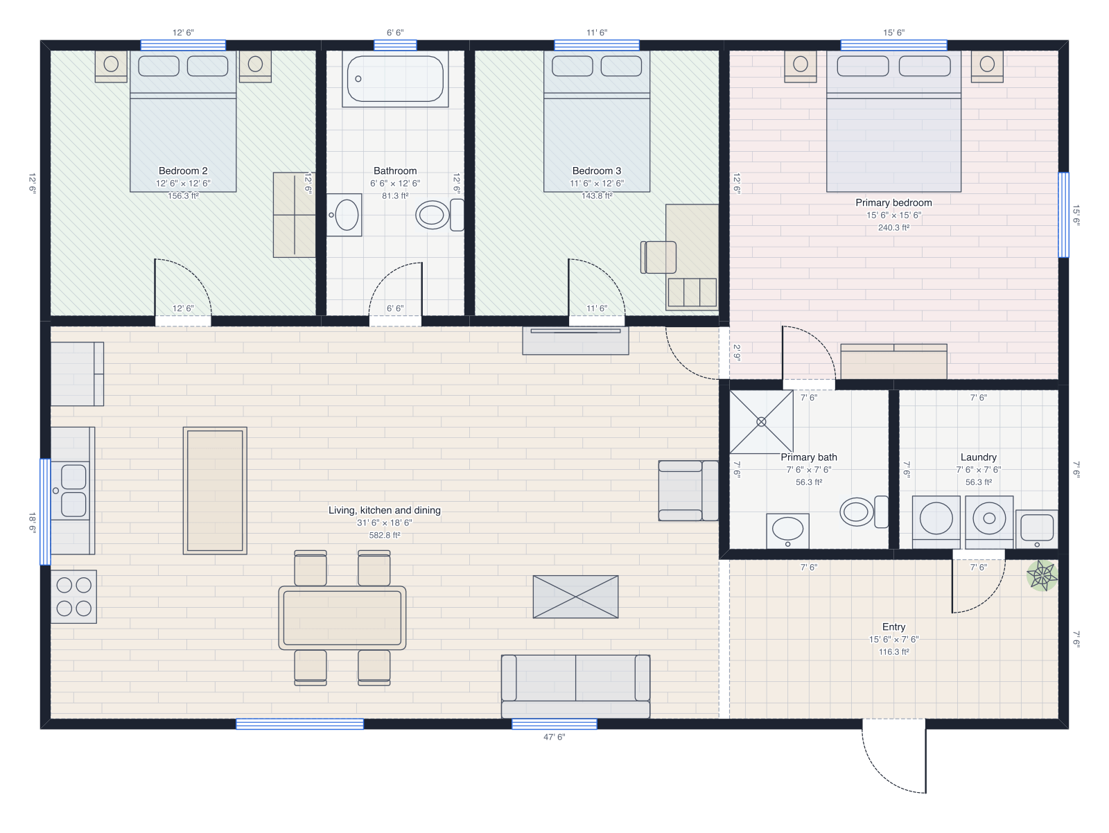 Three-bedroom house floor plan