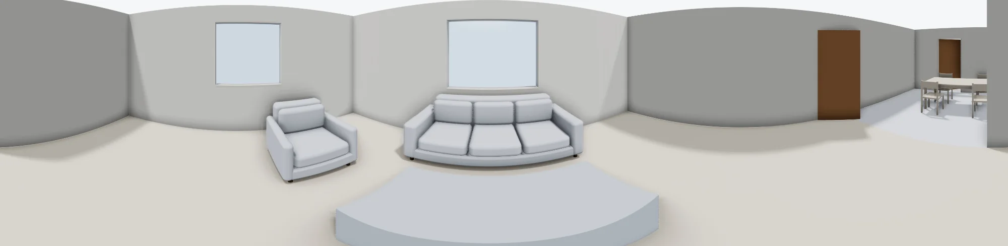 360° photo of the living room in the two-bedroom house template, shown flat