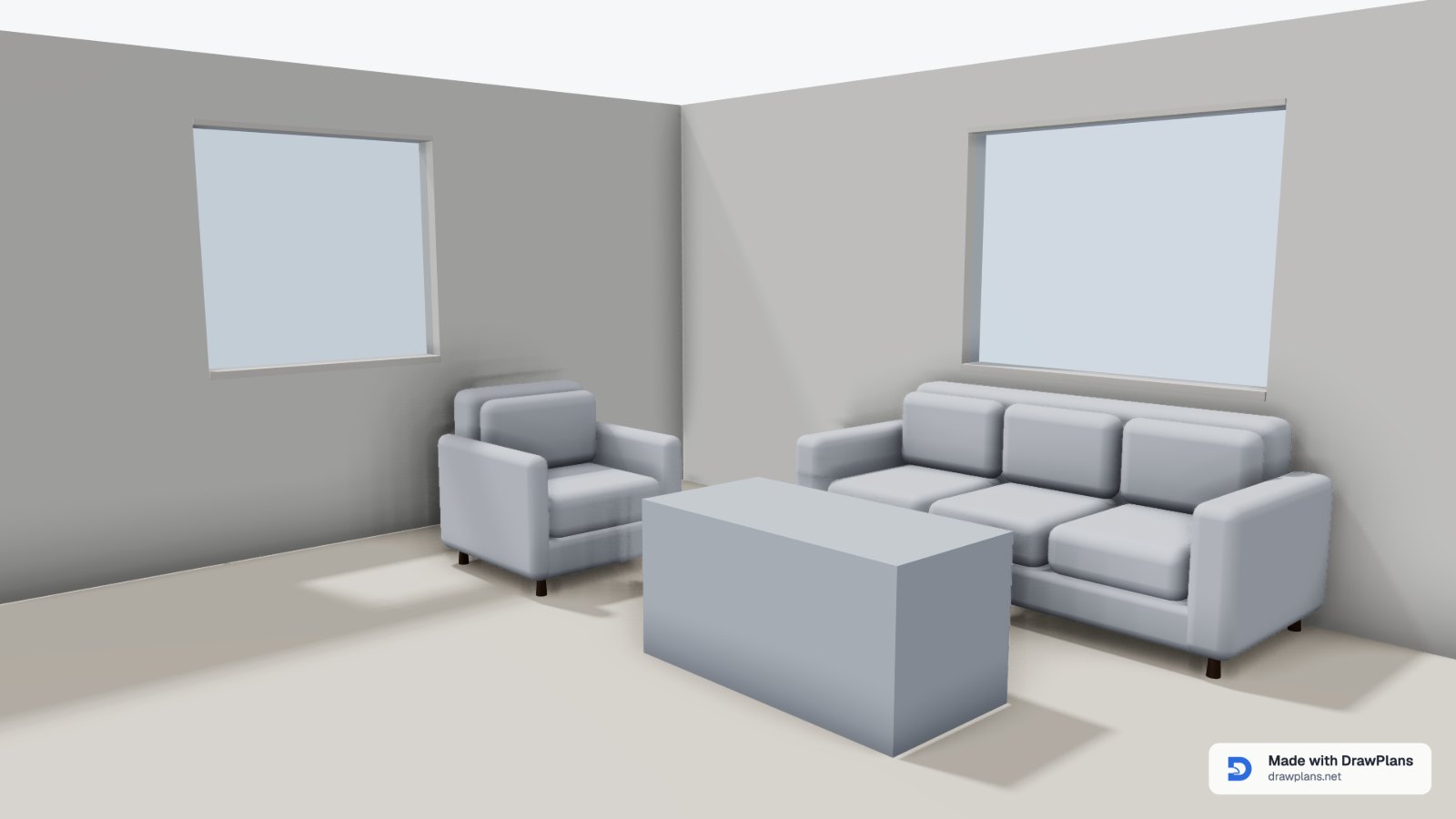 A 4K picture from inside the two-bedroom house at eye height: the living room's sofa, armchair and coffee table, with soft shadows