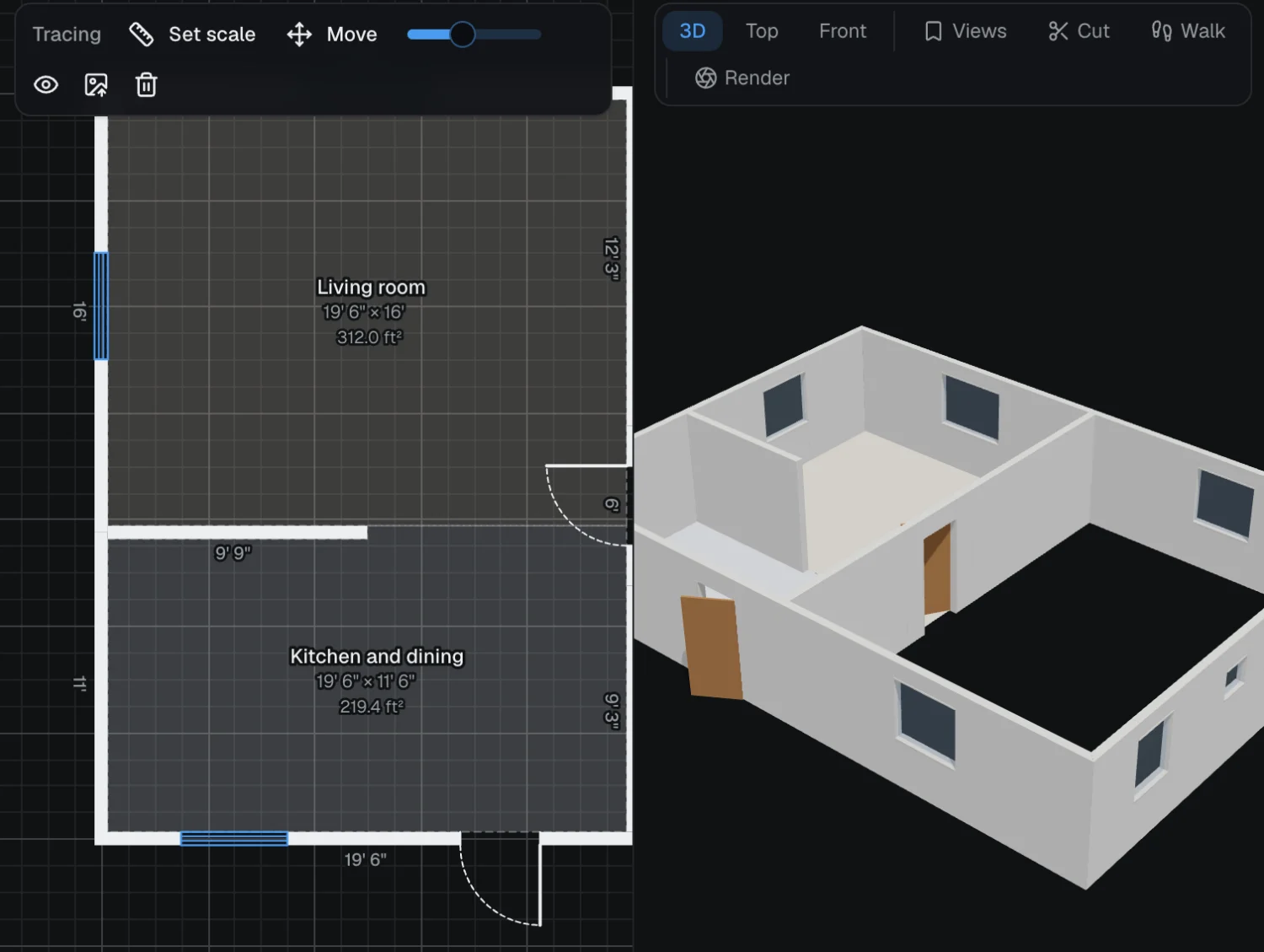Tracing a picture of the two-bedroom house: the living room and the kitchen drawn over it, each with its size and area, and the same walls in 3D