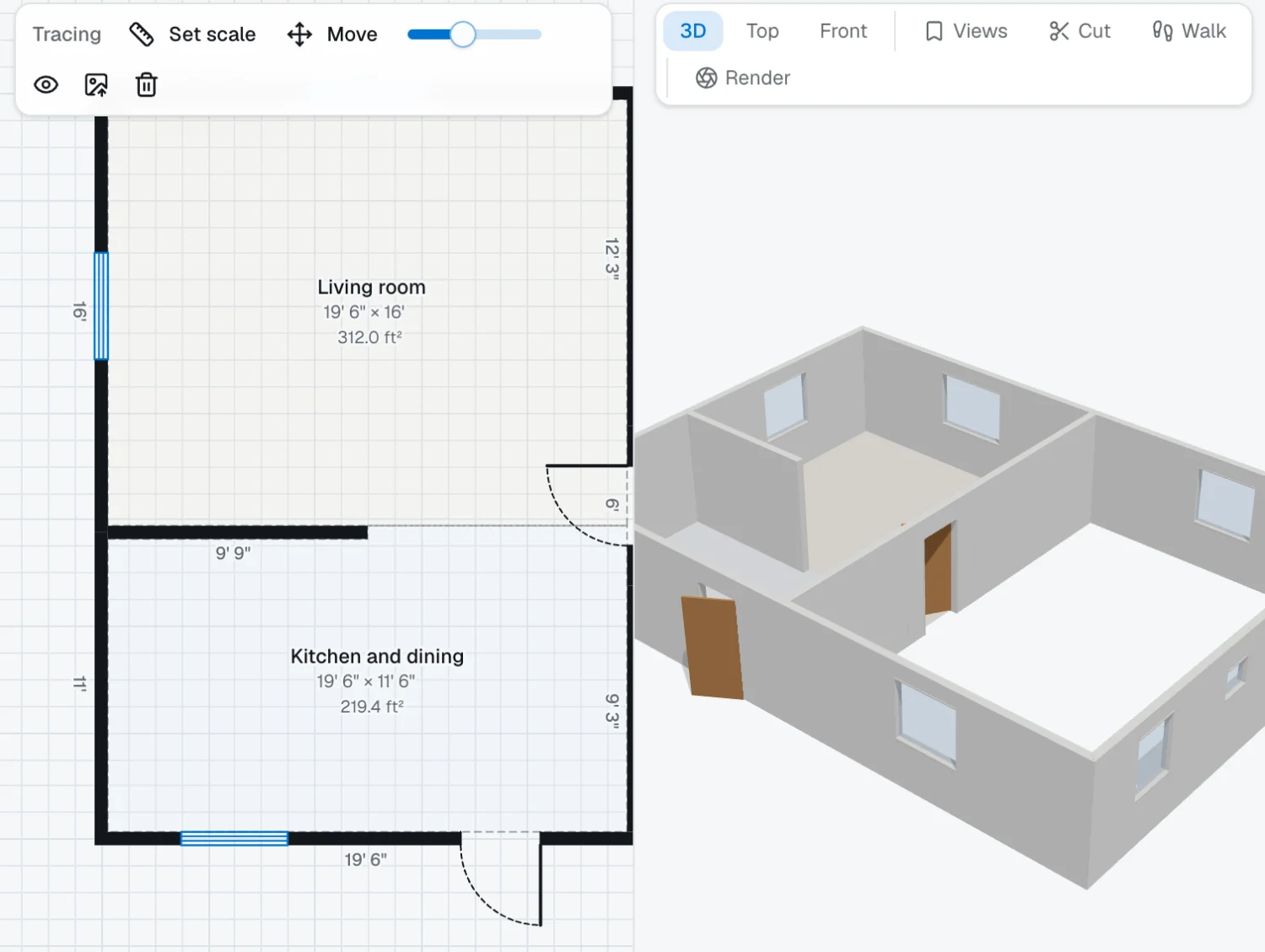 Tracing a picture of the two-bedroom house: the living room and the kitchen drawn over it, each with its size and area, and the same walls in 3D